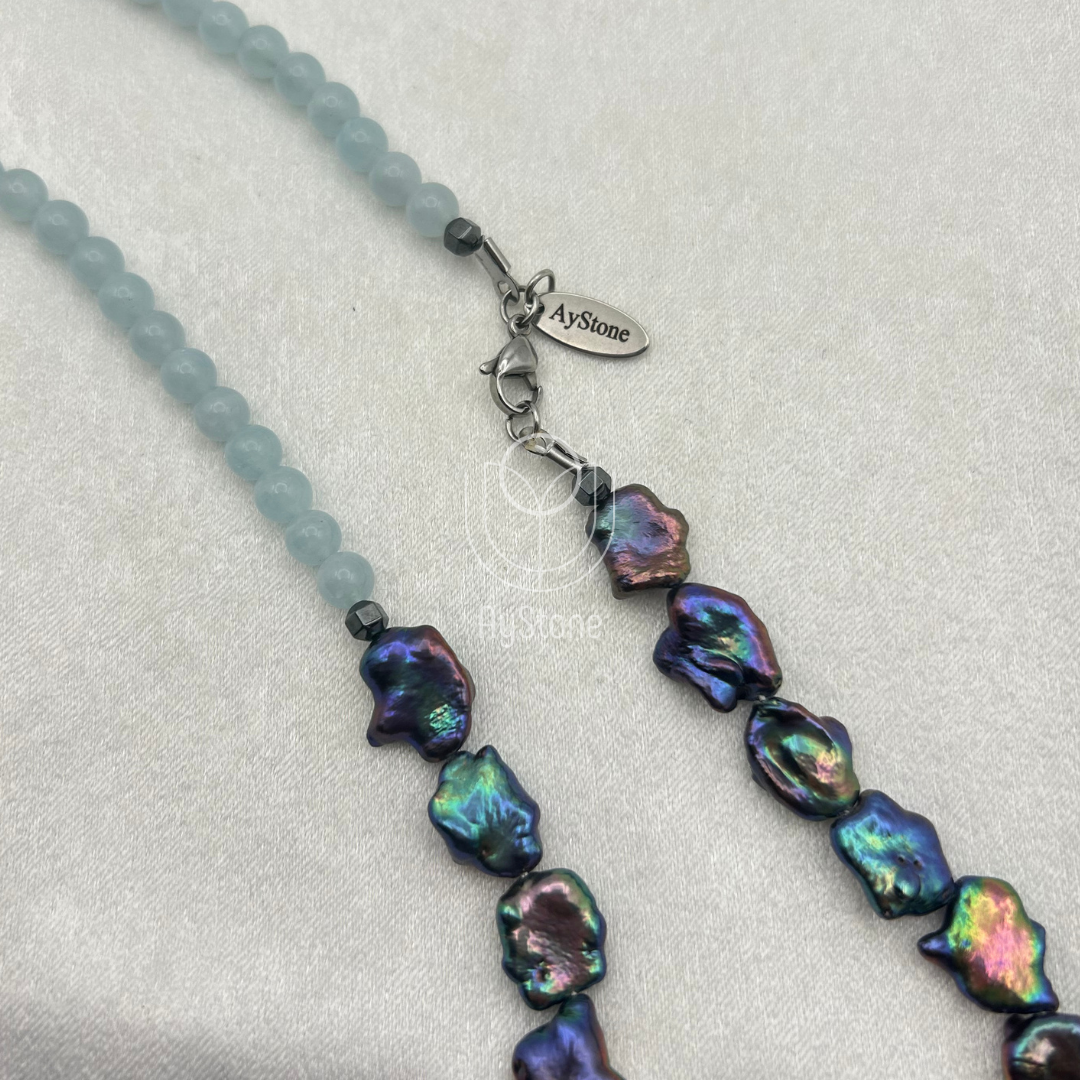 Edelsteinkette Aquamarin & schwarze Süßwasserperle