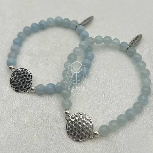 Edelsteinarmband Aquamarin mit Blume des Lebens