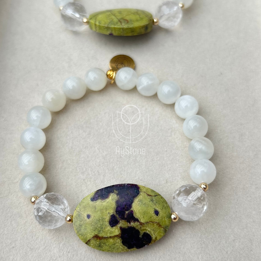 Edelsteinarmband Stichtit / Atlantisit kombiniert mit Mondstein und Bergkristall