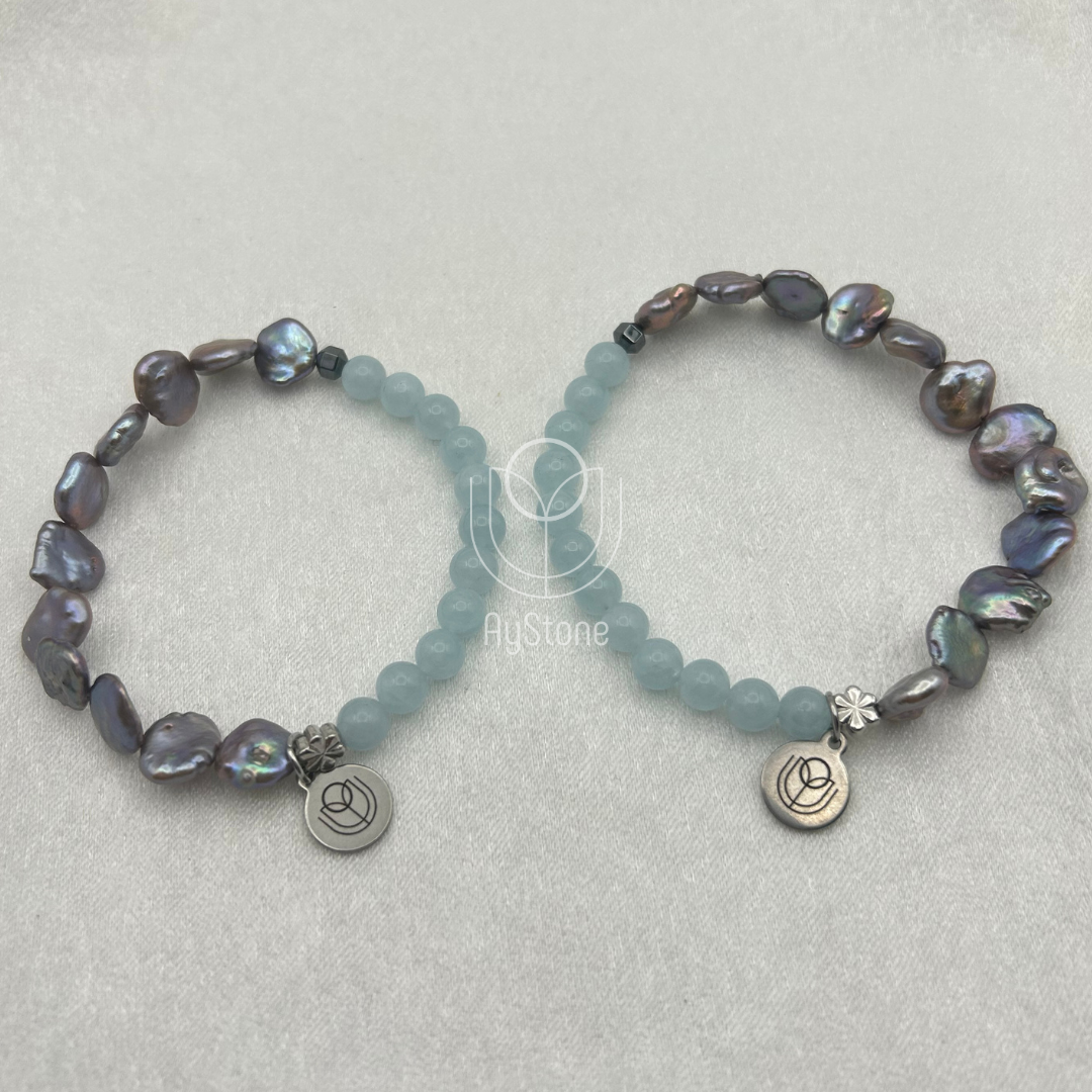 Edelsteinarmband Aquamarin und schwarze Süßwasserperle