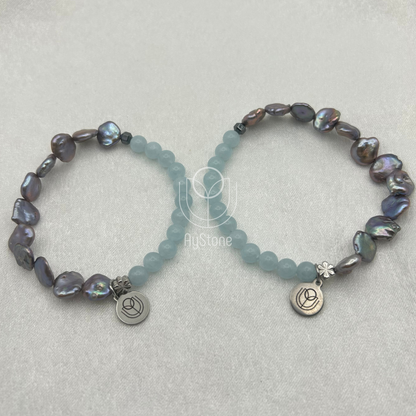 Edelsteinarmband Aquamarin und schwarze Süßwasserperle