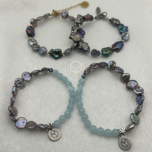 Edelsteinarmband Aquamarin und schwarze Süßwasserperle