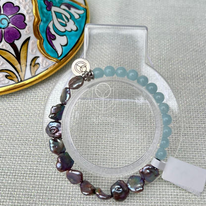 Edelsteinarmband Aquamarin und schwarze Süßwasserperle
